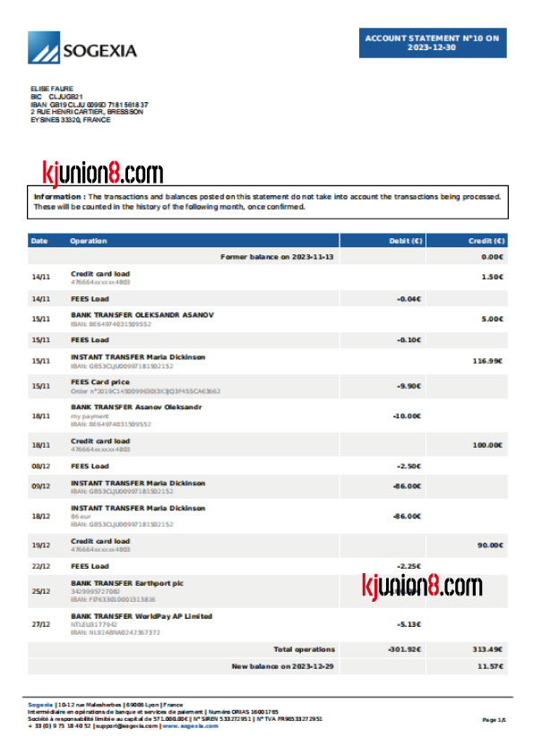 SOGEXIA银行对账单