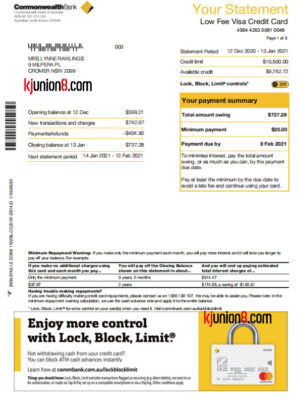 Commonwealth Bank信用卡对账单（澳大利亚Visa）
