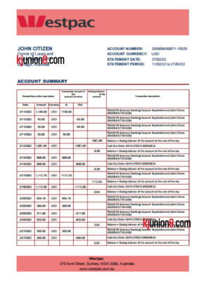 Westpac银行对账单（西太平洋银行）