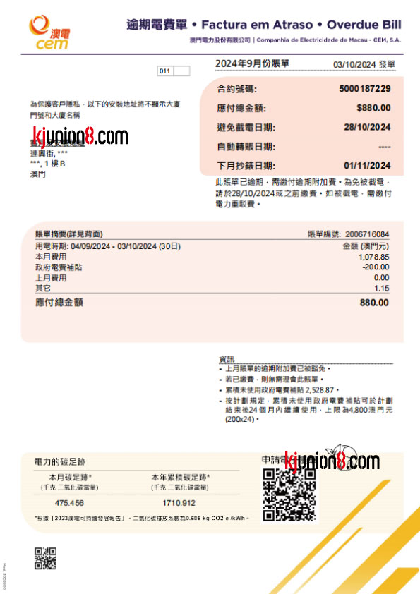 澳门电费账单