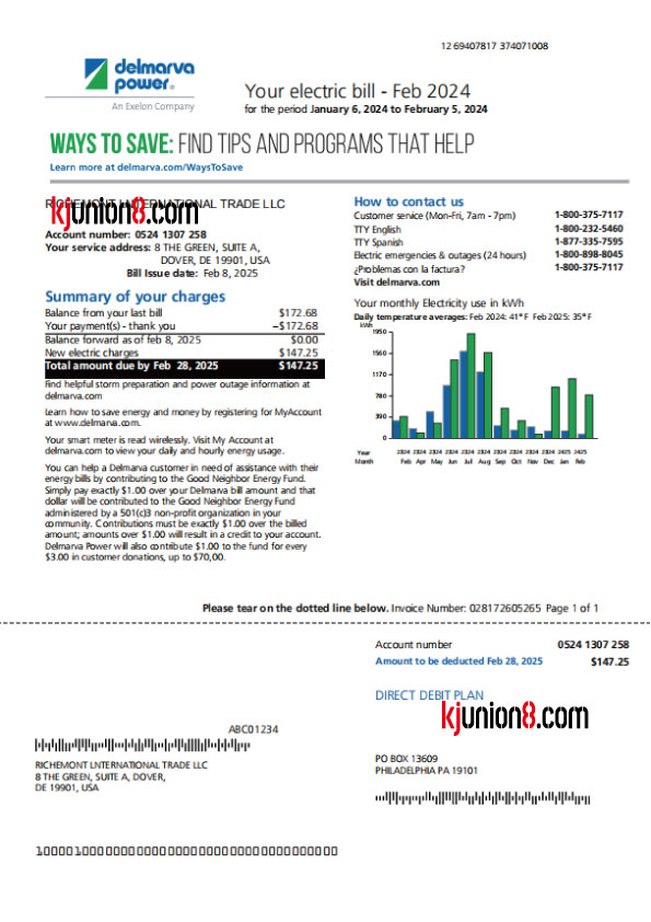特拉华州-马里兰州德玛瓦半岛电力 美国电费账单