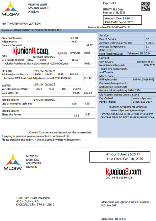 田納西州 美国田纳西州水费账单
