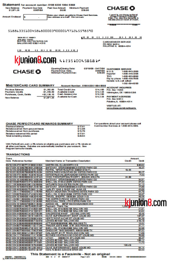 Chase信用卡对账单(Mastercard PerfectCard Rewards)