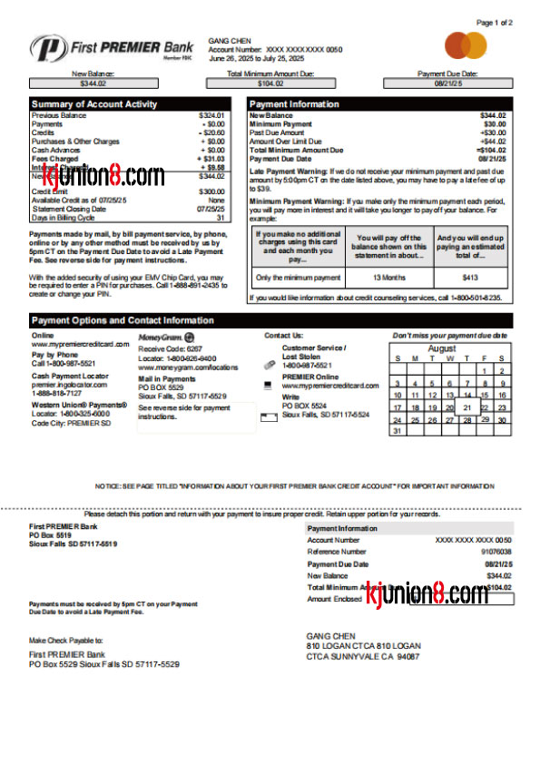 First PREMIER Bank信用卡对账单