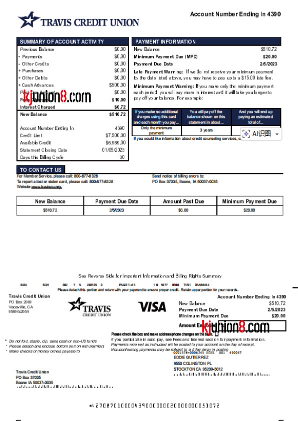 Travis Credit Union,TCU Visa信用卡对账单