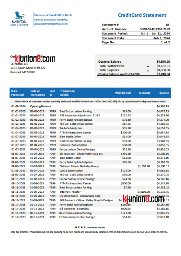 CreditWise Bank信用卡对账单