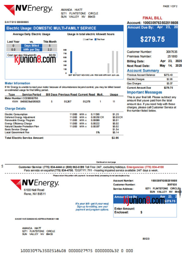 美国内达华州电燃账单 美国内达华州电费账单