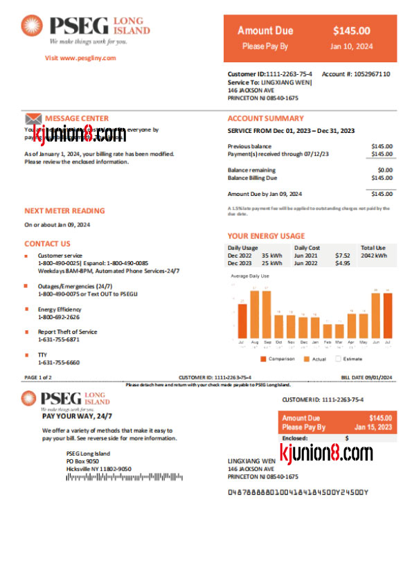 美国纽约州的长岛地区电费账单