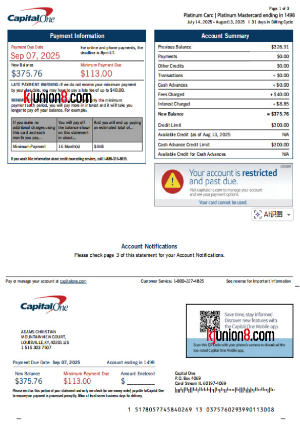 Capital One信用卡(白金万事达卡)