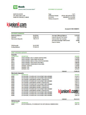 TD Bank, N.A.银行对账单（TD Simple Checking）