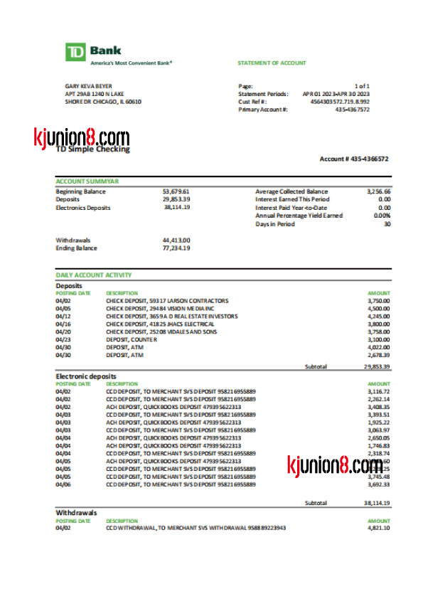 TD Bank, N.A.银行对账单(TD Simple Checking)