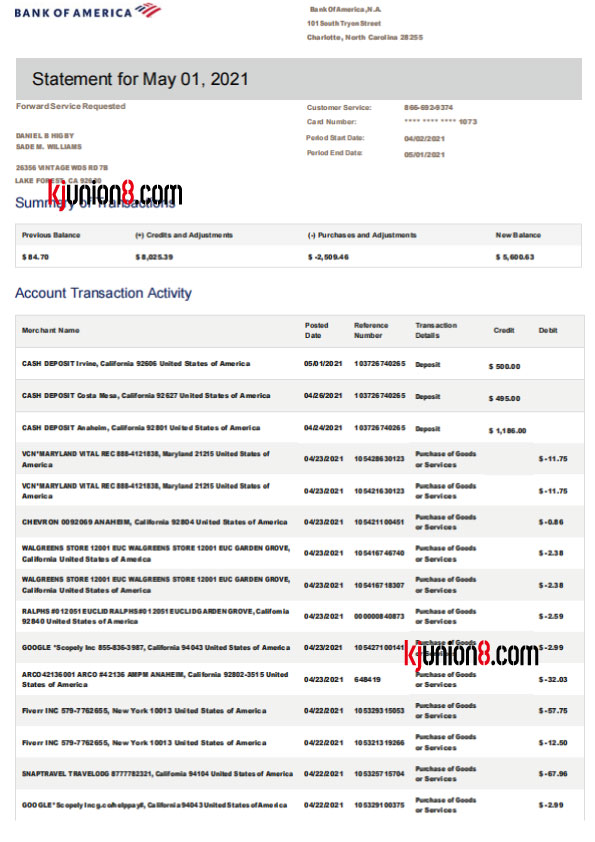 Bank of America银行对账单