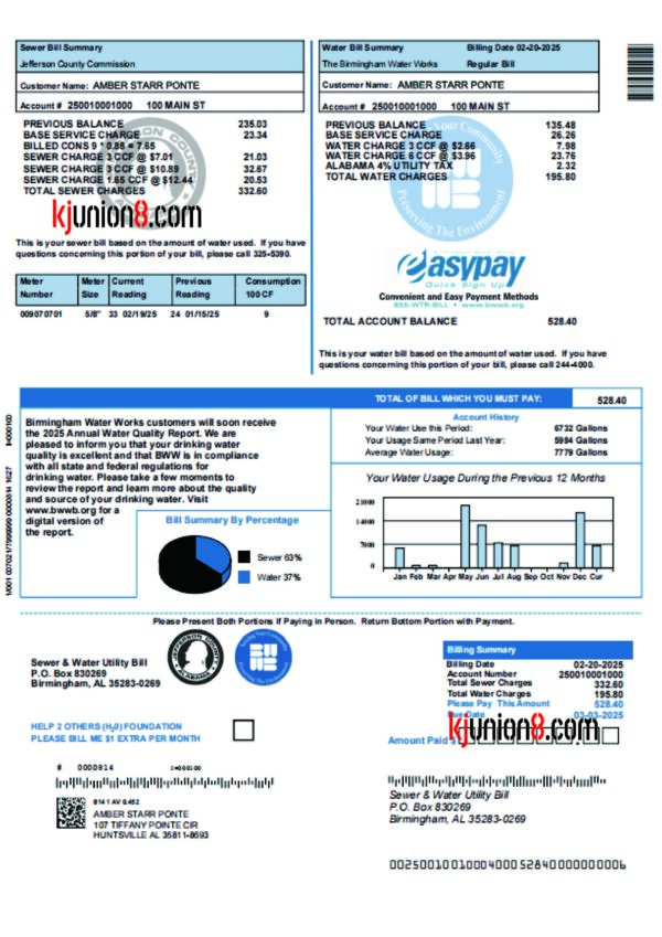 美国阿拉巴马州杰斐逊县水费账单