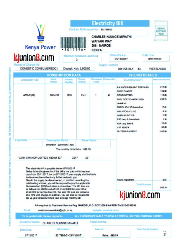 肯尼亚电费账单