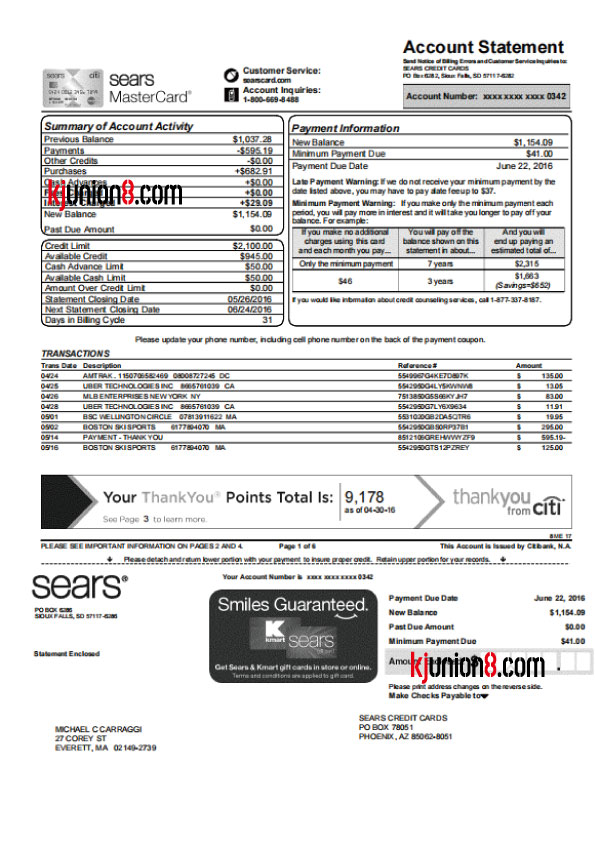 Citi与Sears联名信用卡对账单(Sears Mastercard)