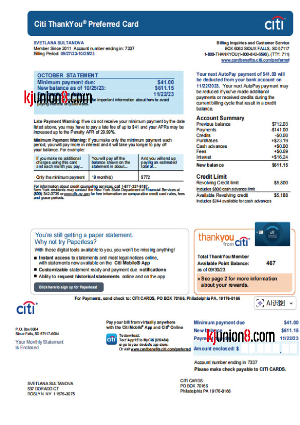 Citi信用卡对账单(ThankYou Preferred Card)