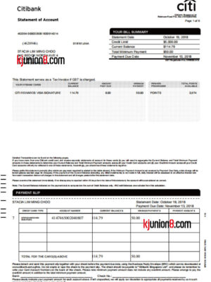 花旗银行（新加坡）信用卡对账单