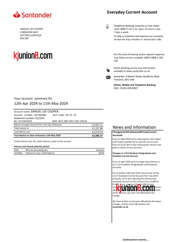 Santander UK银行对账单