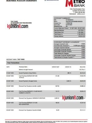Metro Bank 银行对账单