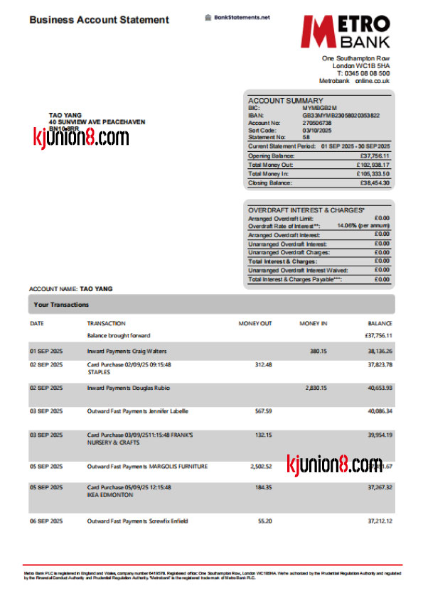 Metro Bank 银行对账单