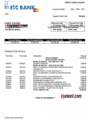 ETC BANK 信用卡对账单