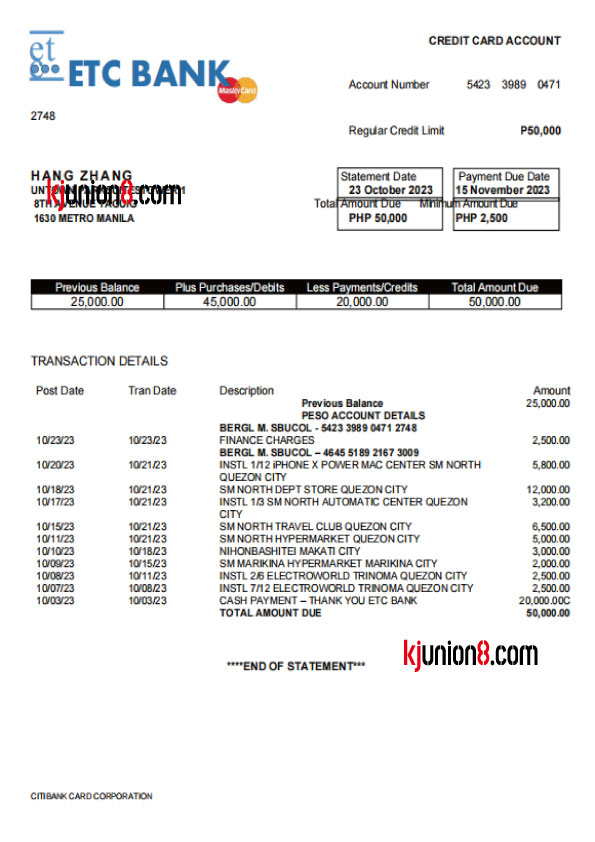 ETC BANK 信用卡对账单