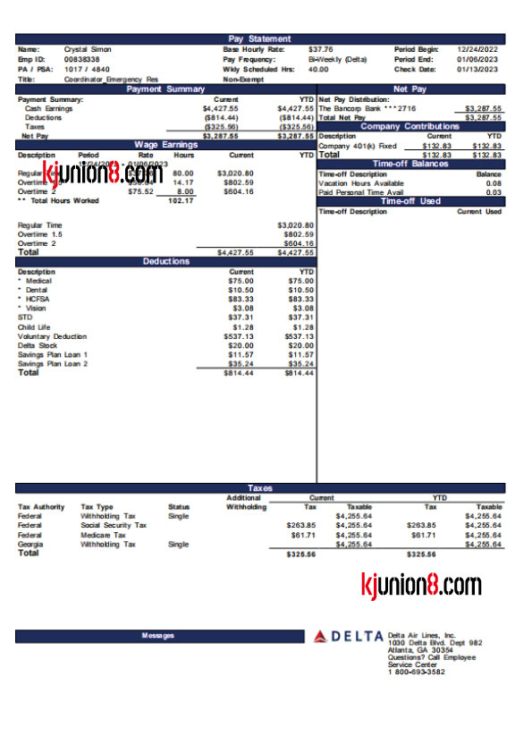 达美航空CrystalSimon双周薪资单
