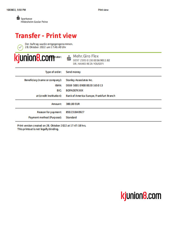 Sparkasse-Hildesheim-Goslar-Peine转账确认单