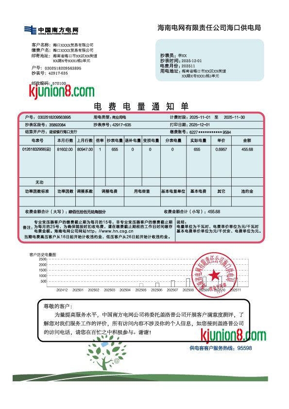 南方电网海南地区电费账单模板，用于亚马逊卖家地址申诉证明