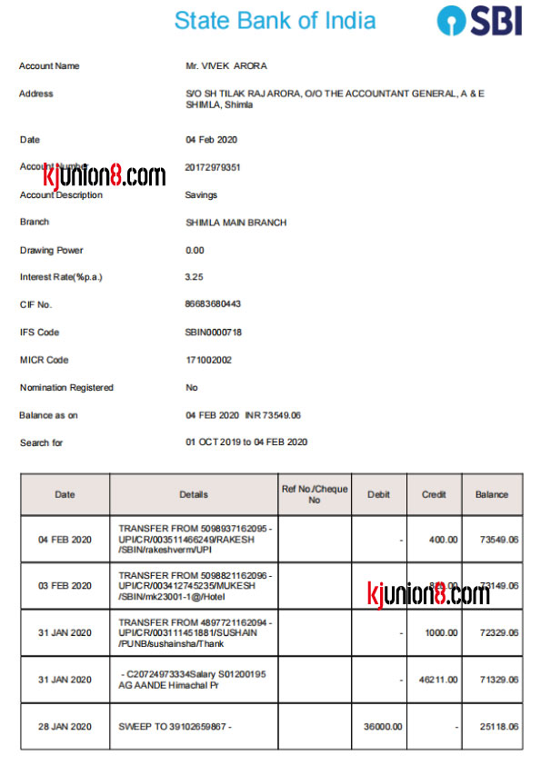 印度国家银行（SBI)储蓄账户对账单