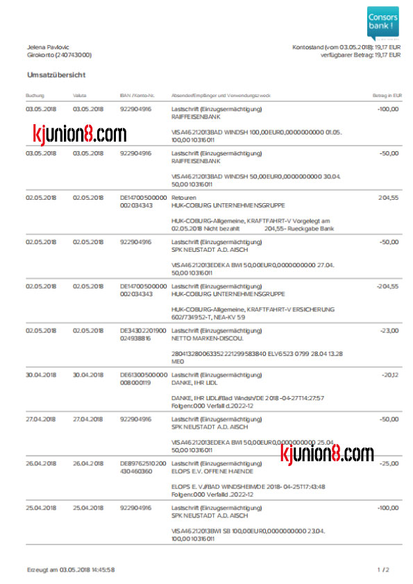 德国Consorsbank的活期账户对账单