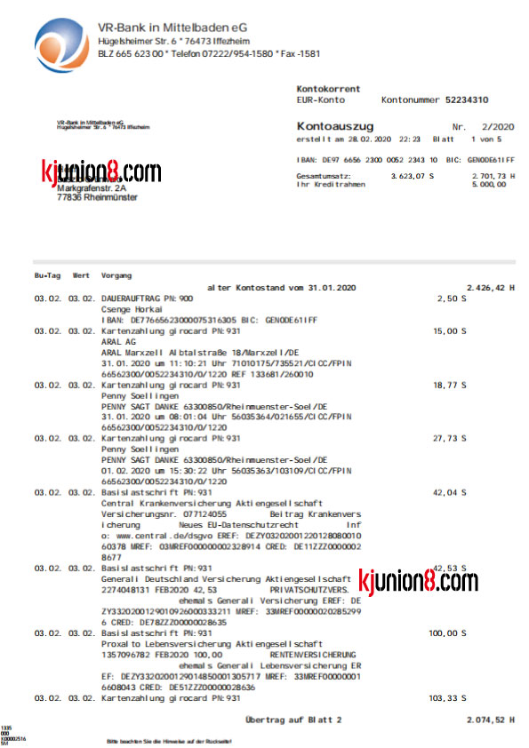 德国中巴登大众银行（VR-Bank-in-Mittelbaden-eG)活期账户对账单