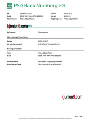德国纽伦堡PSD银行转账确认单