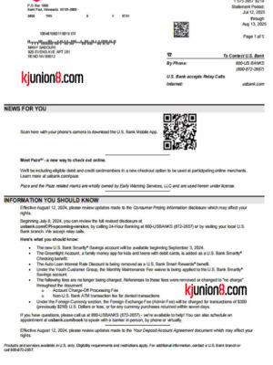 美国合众银行（U.S.Bank）银行对账单