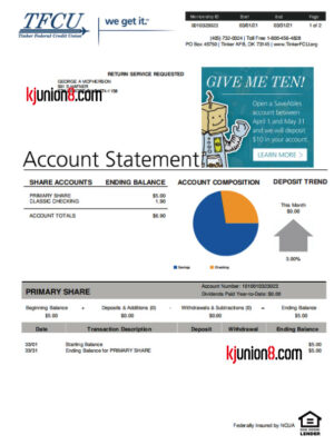 美国廷克联邦信用合作社（TFCU）账户对账单
