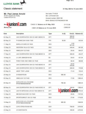 英国劳埃德银行活期账户对账单