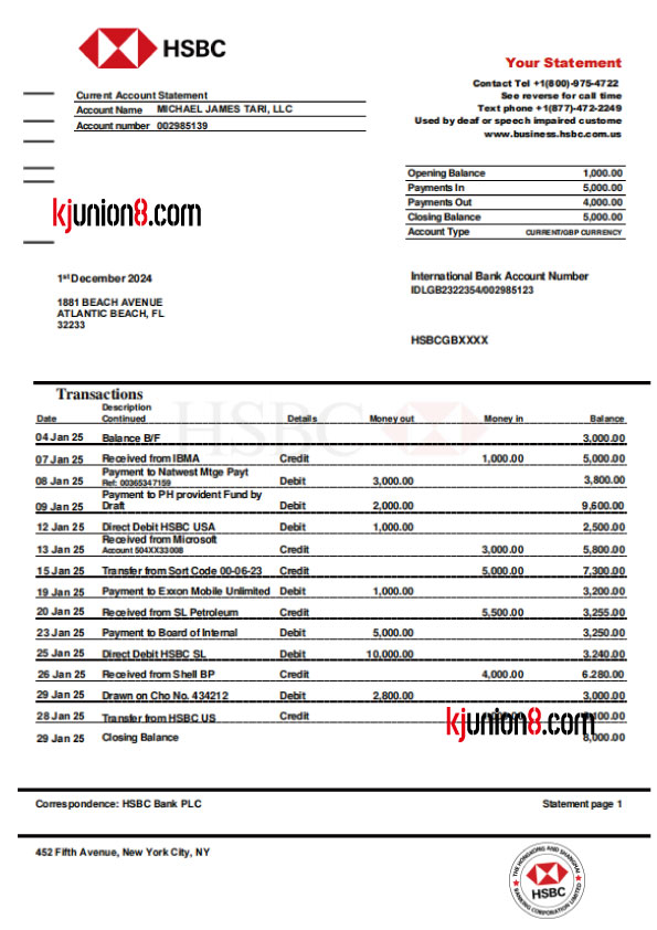 英国汇丰银行对账单