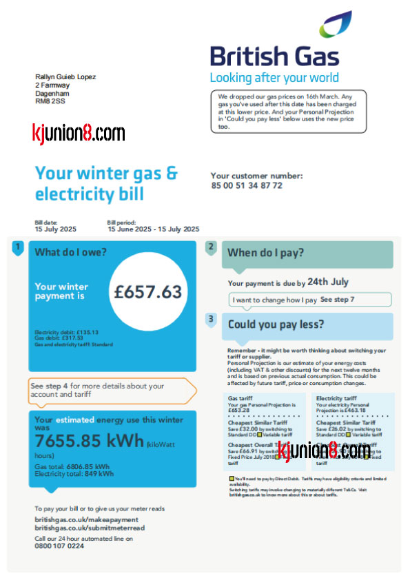 英国燃气与电力账单