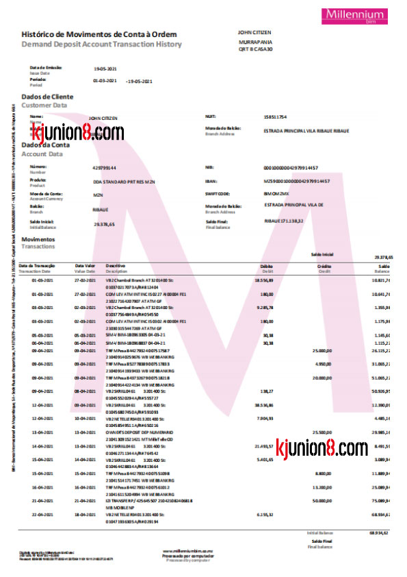 葡萄牙千禧银行莫桑比克分行对账单 葡萄牙千禧银行莫桑比克分行对账单