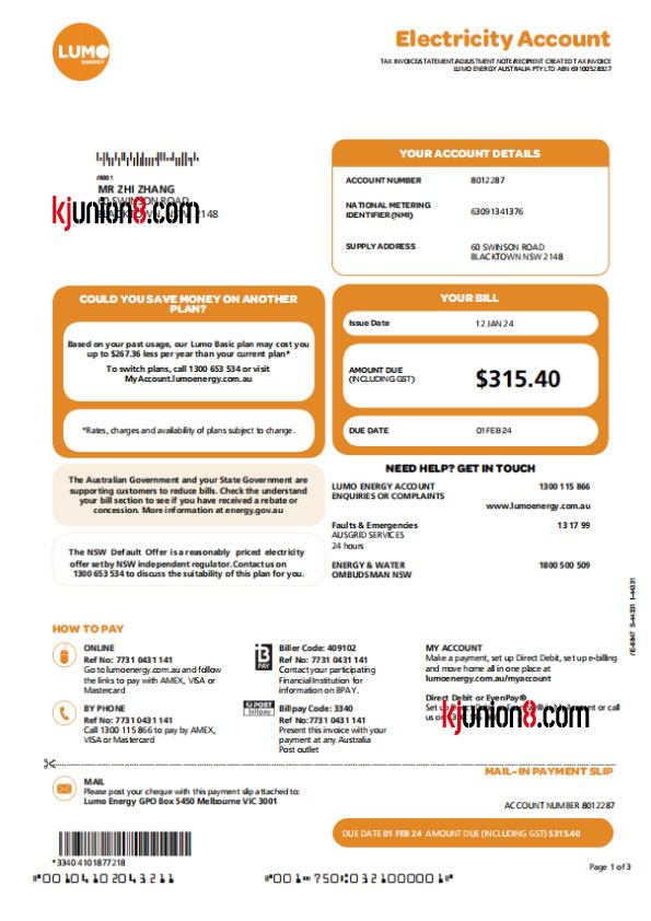 澳大利亚电费账单模板，用于亚马逊地址申诉证明