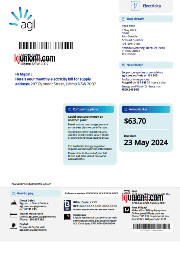 澳大利亚电费账单模板，用于亚马逊地址申诉证明
