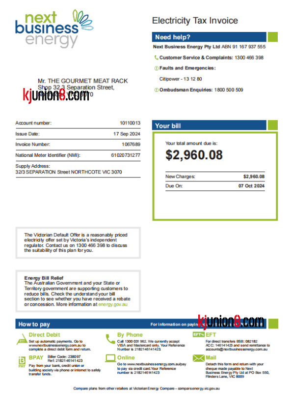 澳大利亚电费账单模板，用于亚马逊地址申诉证明