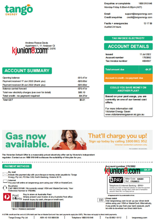 澳大利亚电费模板，用于亚马逊地址申诉证明