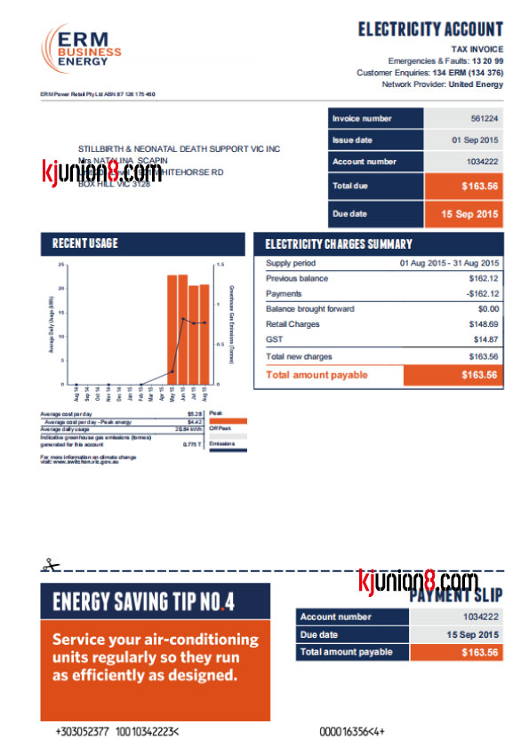 澳大利亚电力账单模板，用于亚马逊地址申诉证明