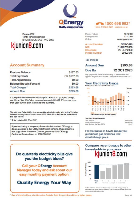 澳大利亚维多利亚民用电费账单