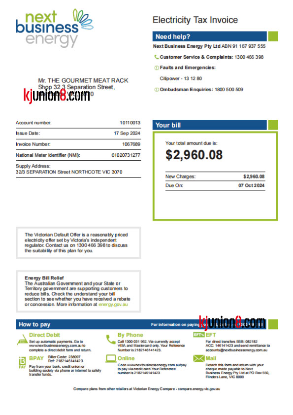 澳大利亚商业电费账单模板，用于亚马逊地址申诉证明
