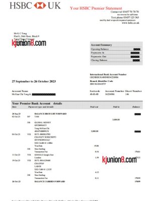 汇丰英国个人银行账户对账单