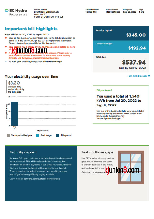 加拿大水费账单模板，用于亚马逊地址申诉证明