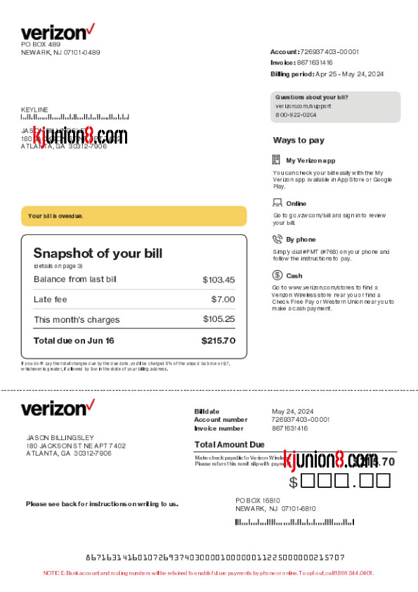 美国电信账单模板，用于亚马逊地址都申诉证明