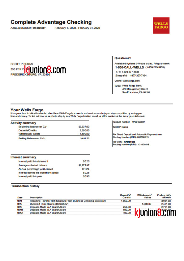 美国富国银行对账单